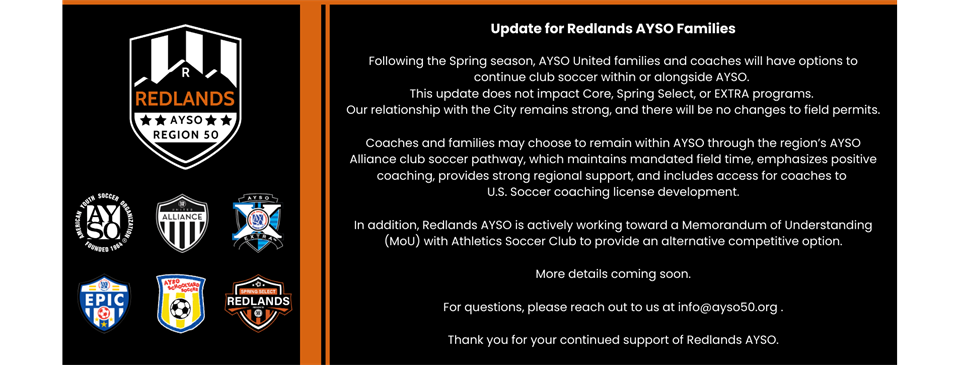 Update for Redlands AYSO Families